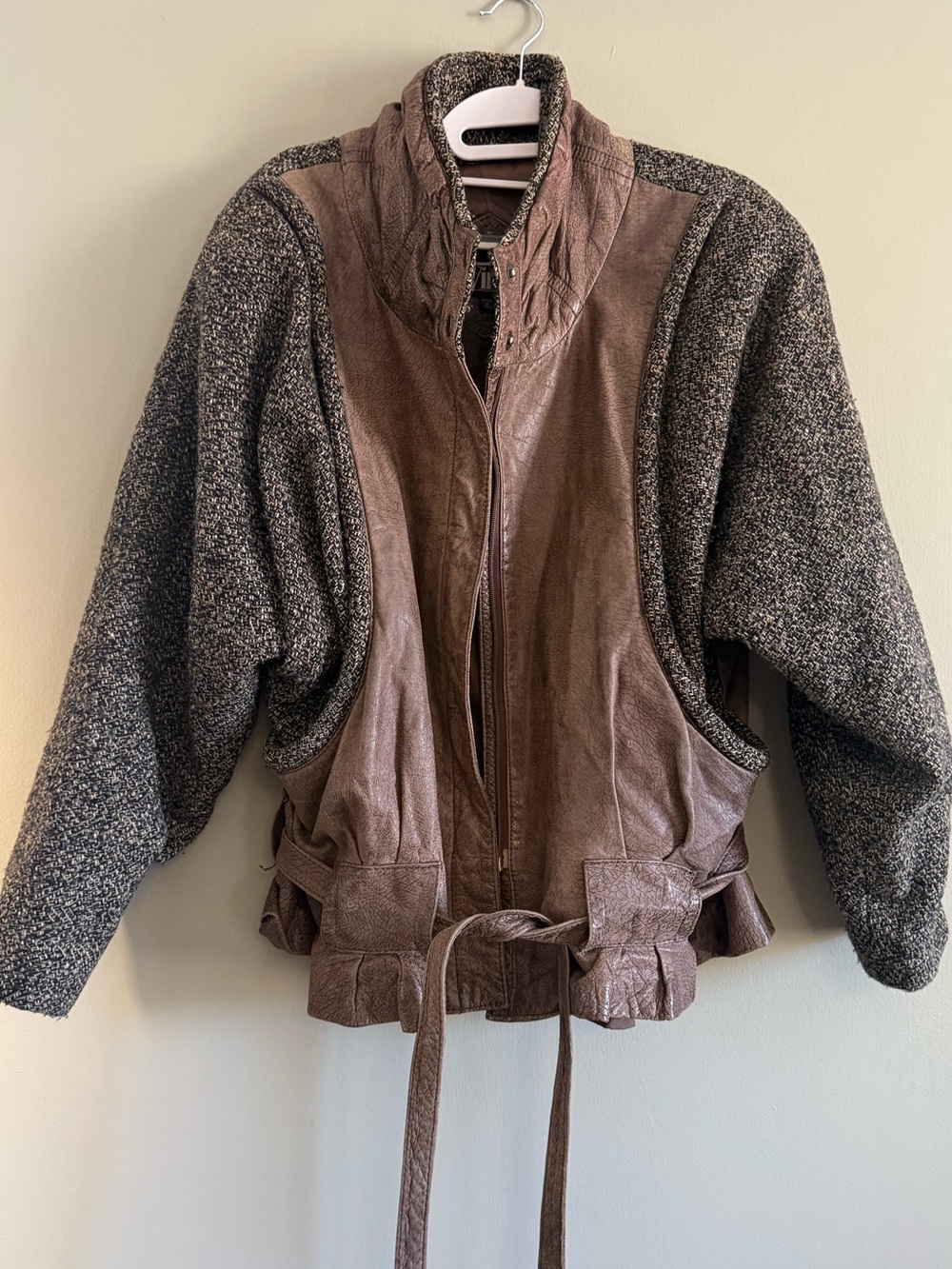 Winlit Vintage Leather Wool Tweed Bomber Jacket Brown Belted Size 36